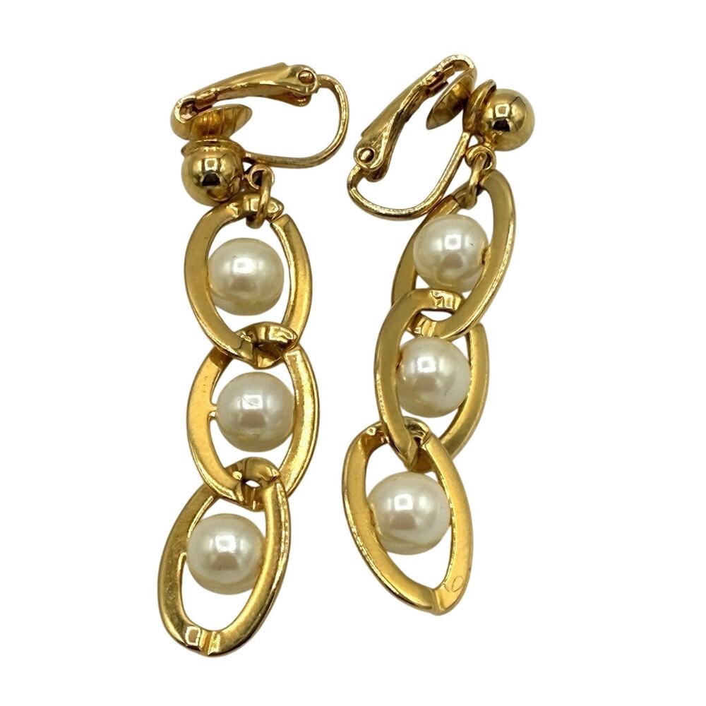Vintage Avon Signed Gold Tone Faux Pearl Chain Link Drop Earrings